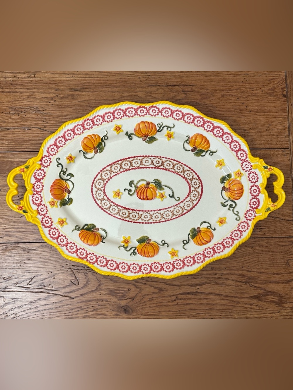 Temp-Tations Old World Pumpkin Ceramic Serving Platter with Embossed Detail